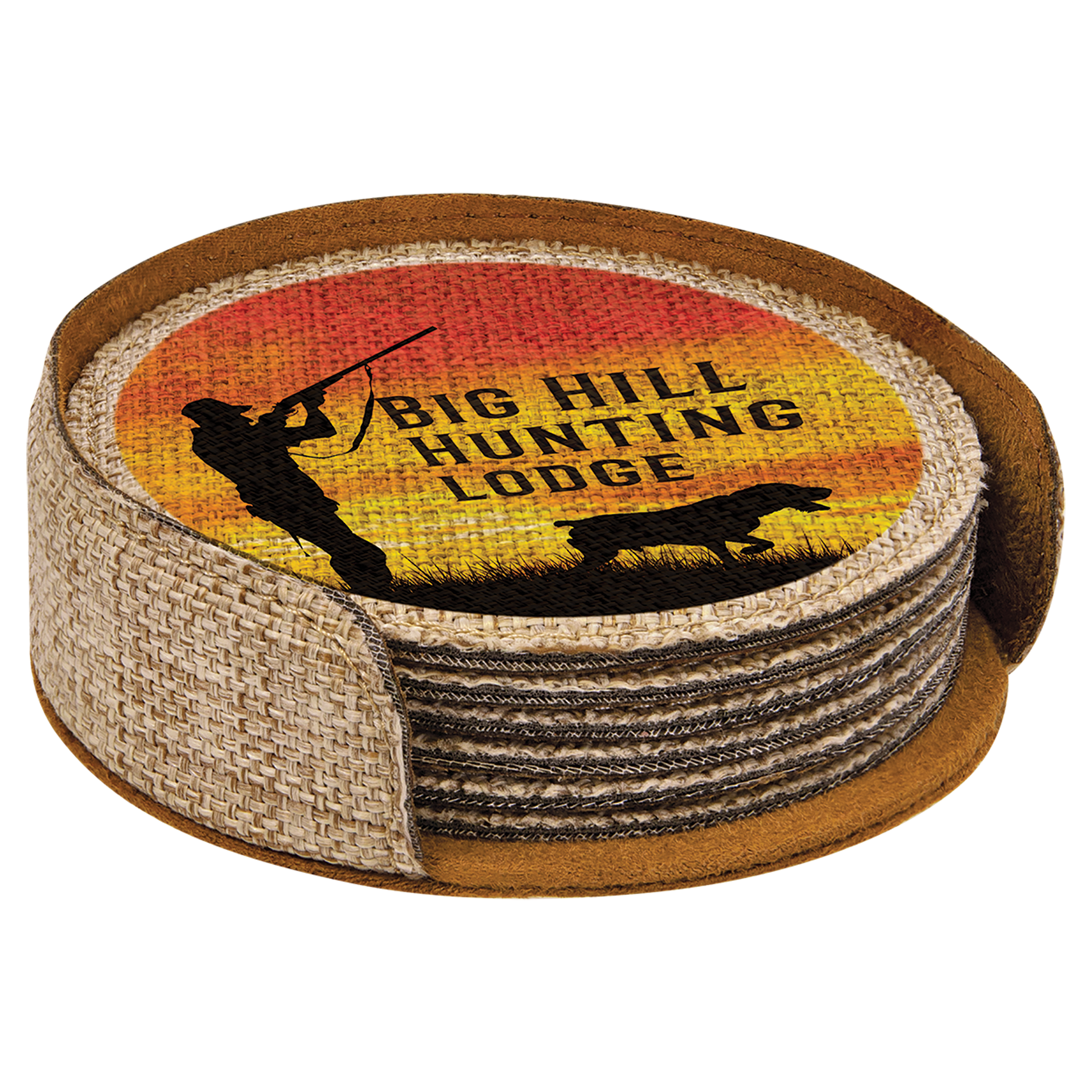 Personalized 4" Burlap Round Coaster Set (6-Pack with Holder) – Sublimation Ready