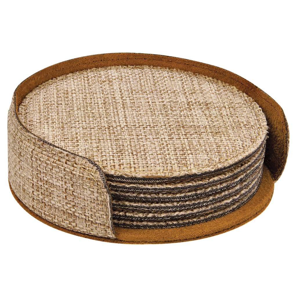 Personalized 4" Burlap Round Coaster Set (6-Pack with Holder) – Sublimation Ready