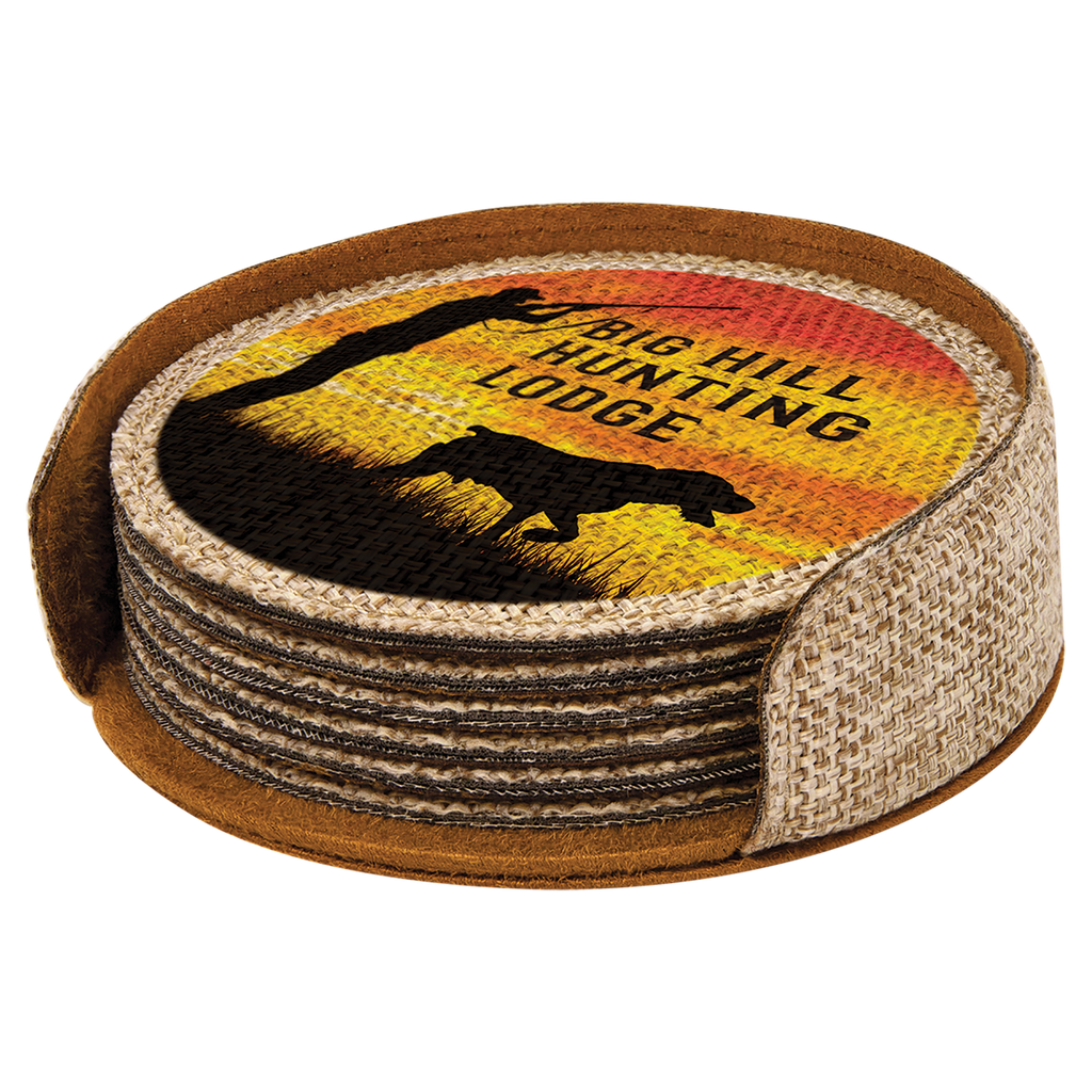 Personalized 4" Burlap Round Coaster Set (6-Pack with Holder) – Sublimation Ready