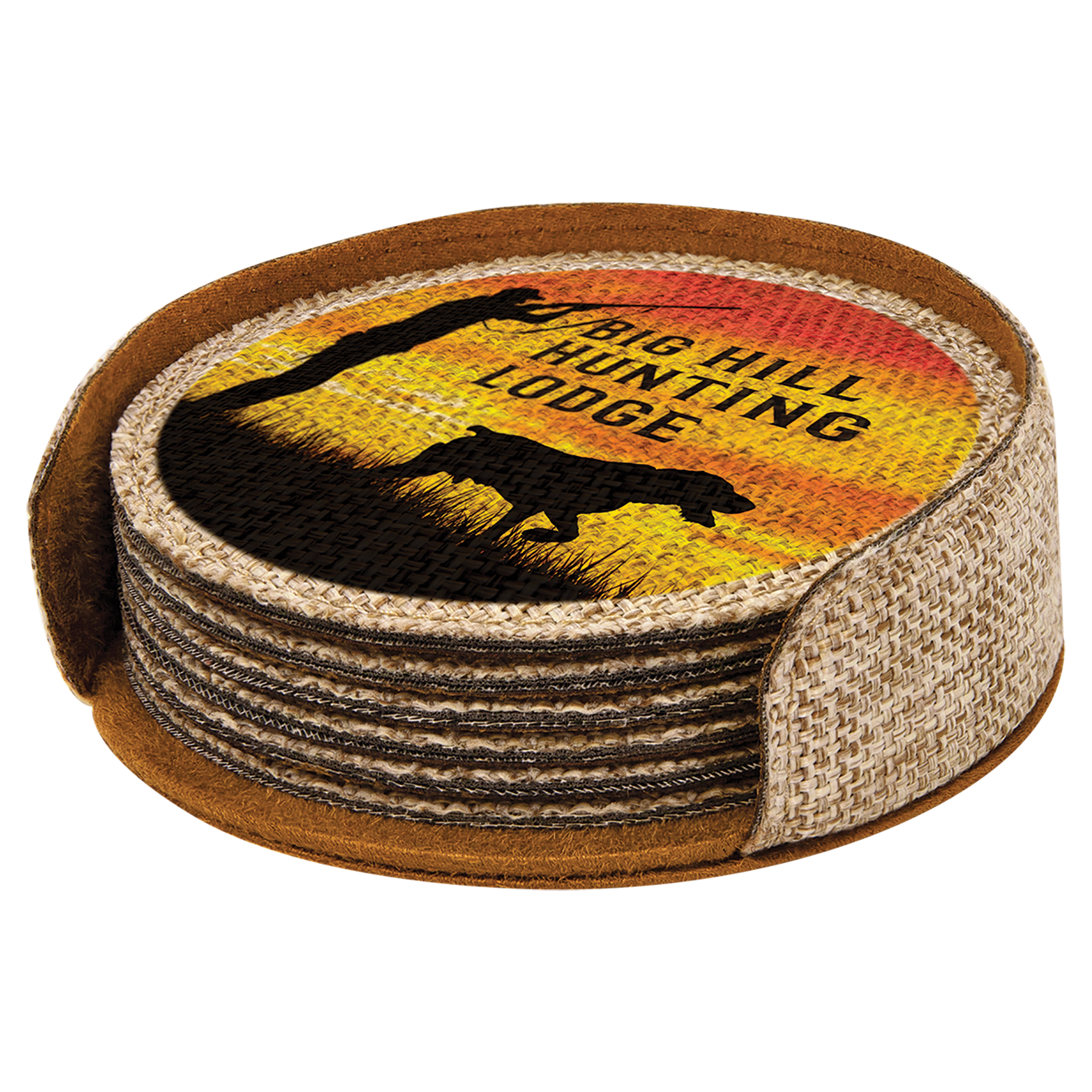 Personalized 4" Burlap Round Coaster Set (6-Pack with Holder) – Sublimation Ready