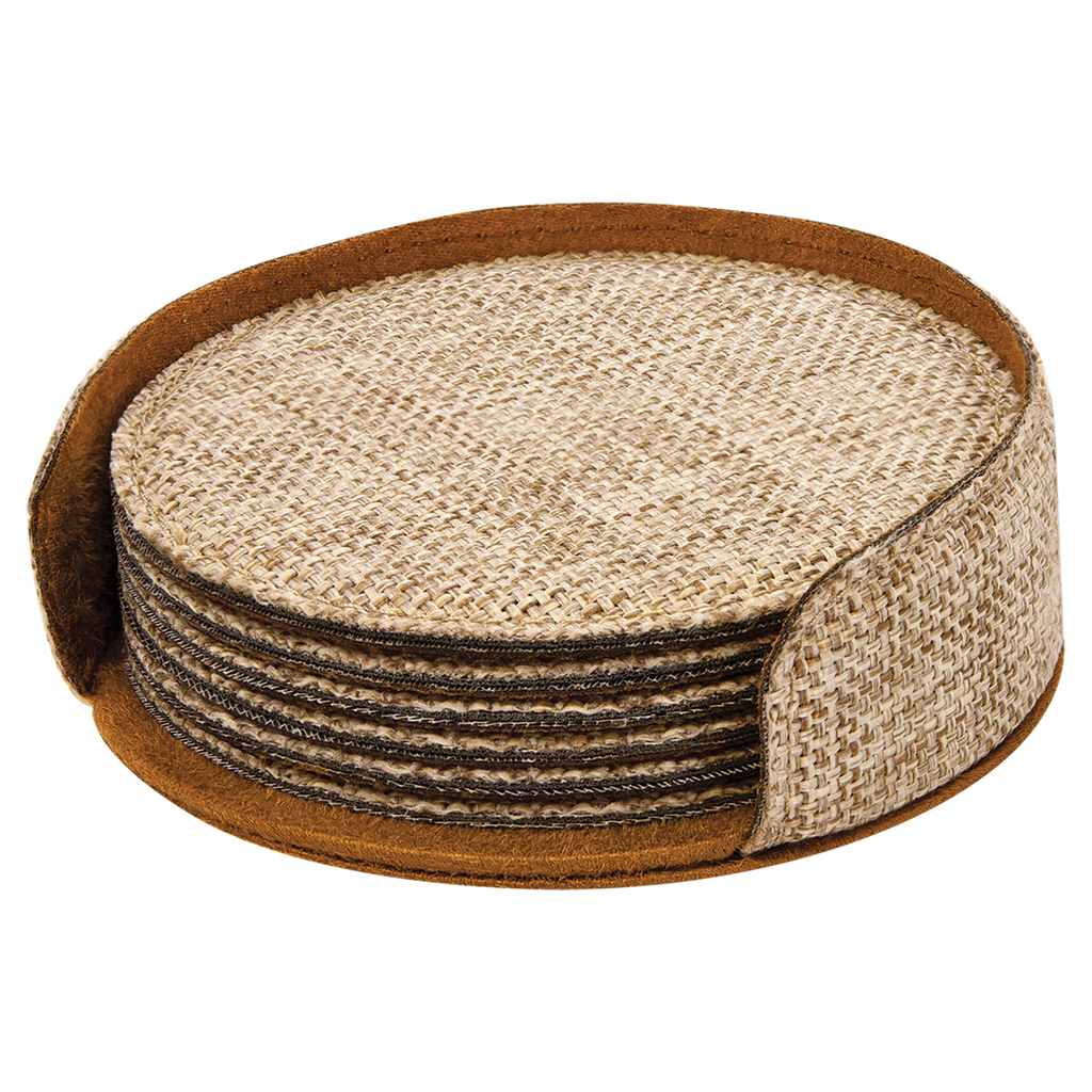 Personalized 4" Burlap Round Coaster Set (6-Pack with Holder) – Sublimation Ready