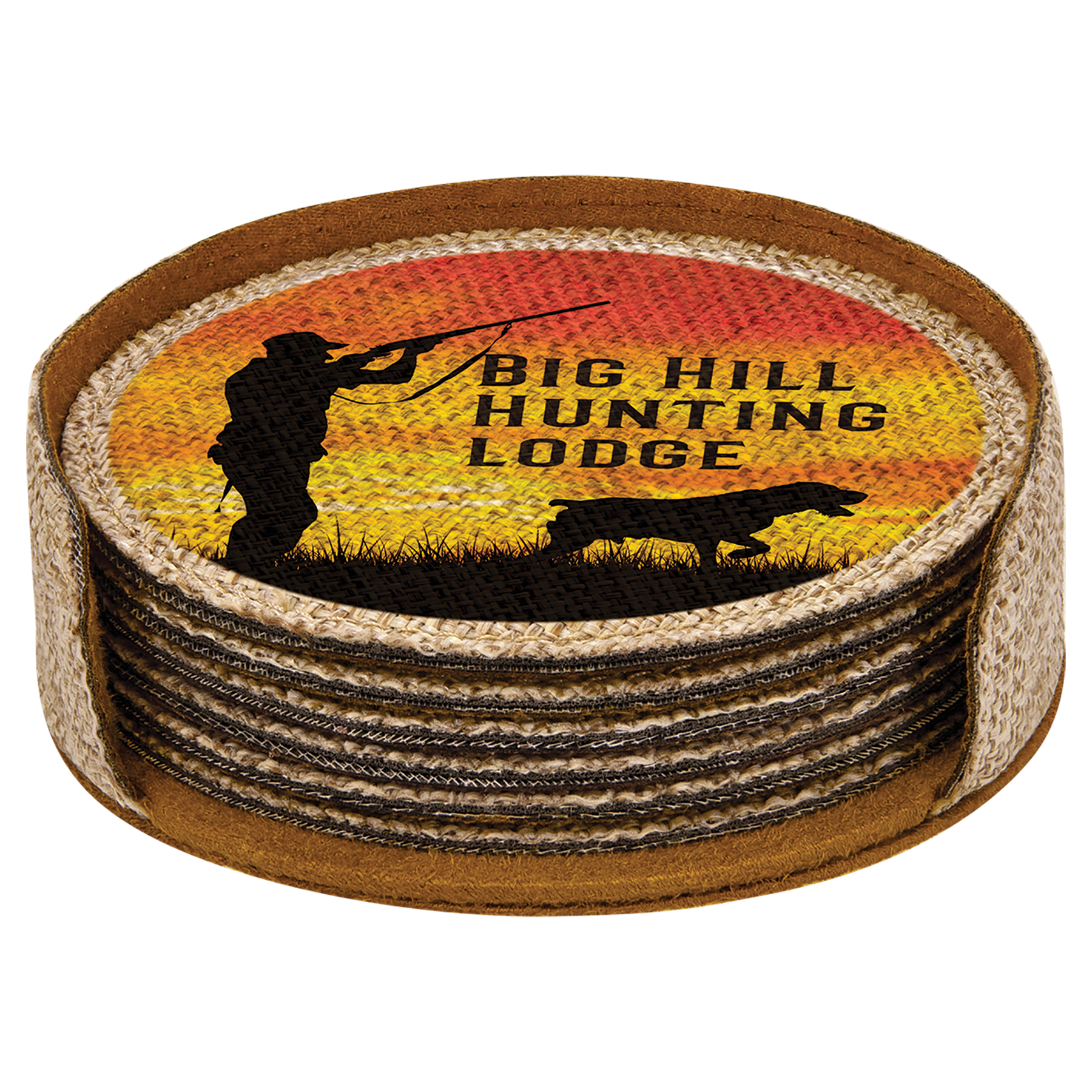 Personalized 4" Burlap Round Coaster Set (6-Pack with Holder) – Sublimation Ready