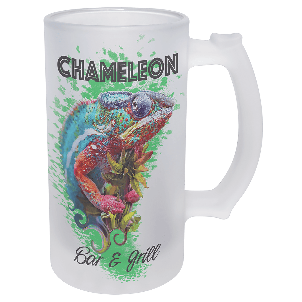 White mug with a colorful chameleon design and 'Chameleon Bar & Grill' text on a green background