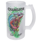 White mug with a colorful chameleon design and 'Chameleon Bar & Grill' text on a green background