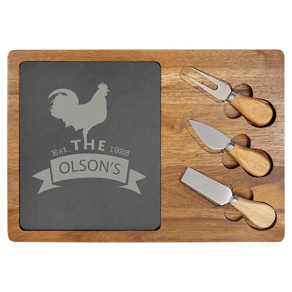 Acacia Wood & Slate Cheese Board Set – 13 3/4" x 9 3/4" with Three Tools