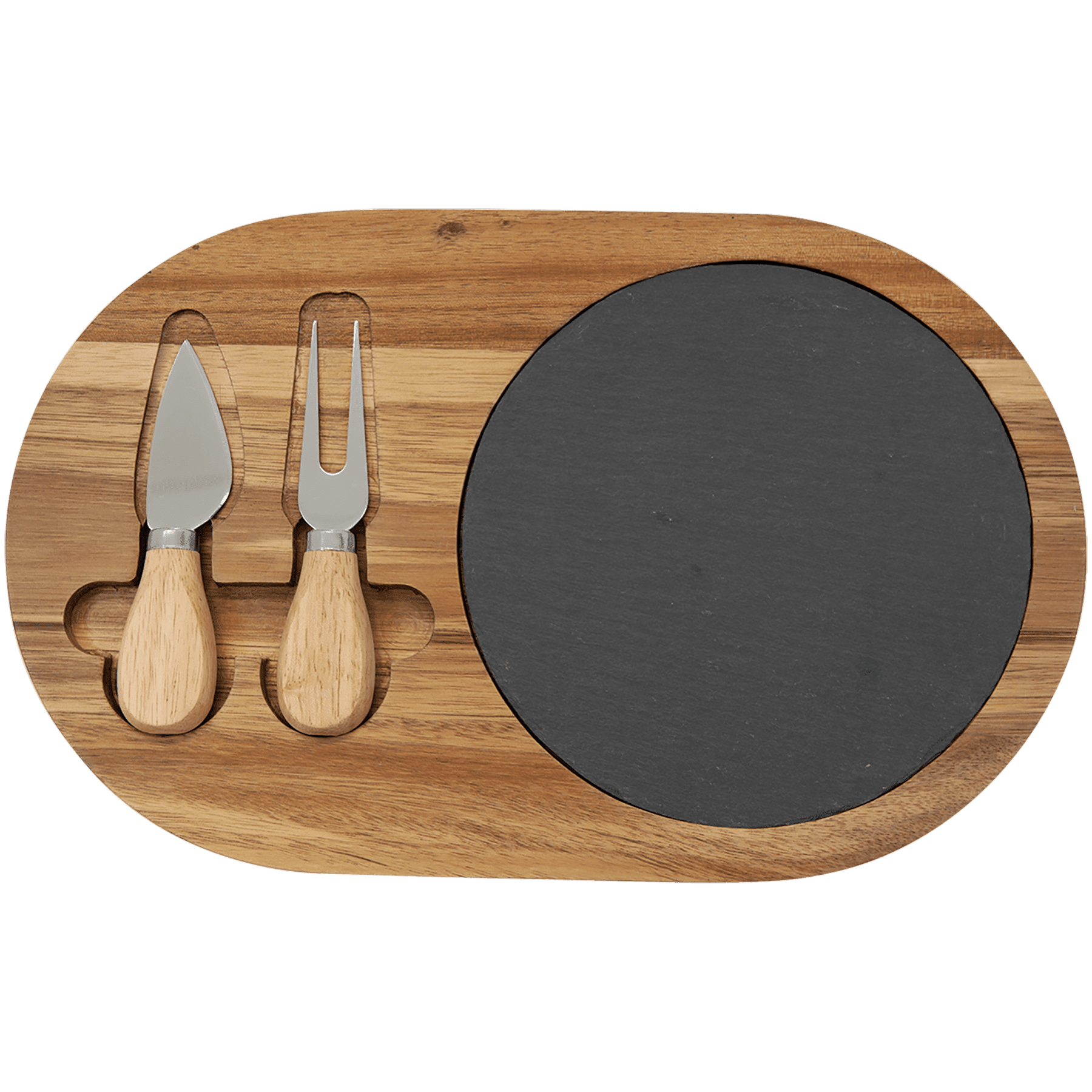 Acacia Wood & Slate Oval Cheese Set – 12 1/2" x 7 3/4" with Two Tools