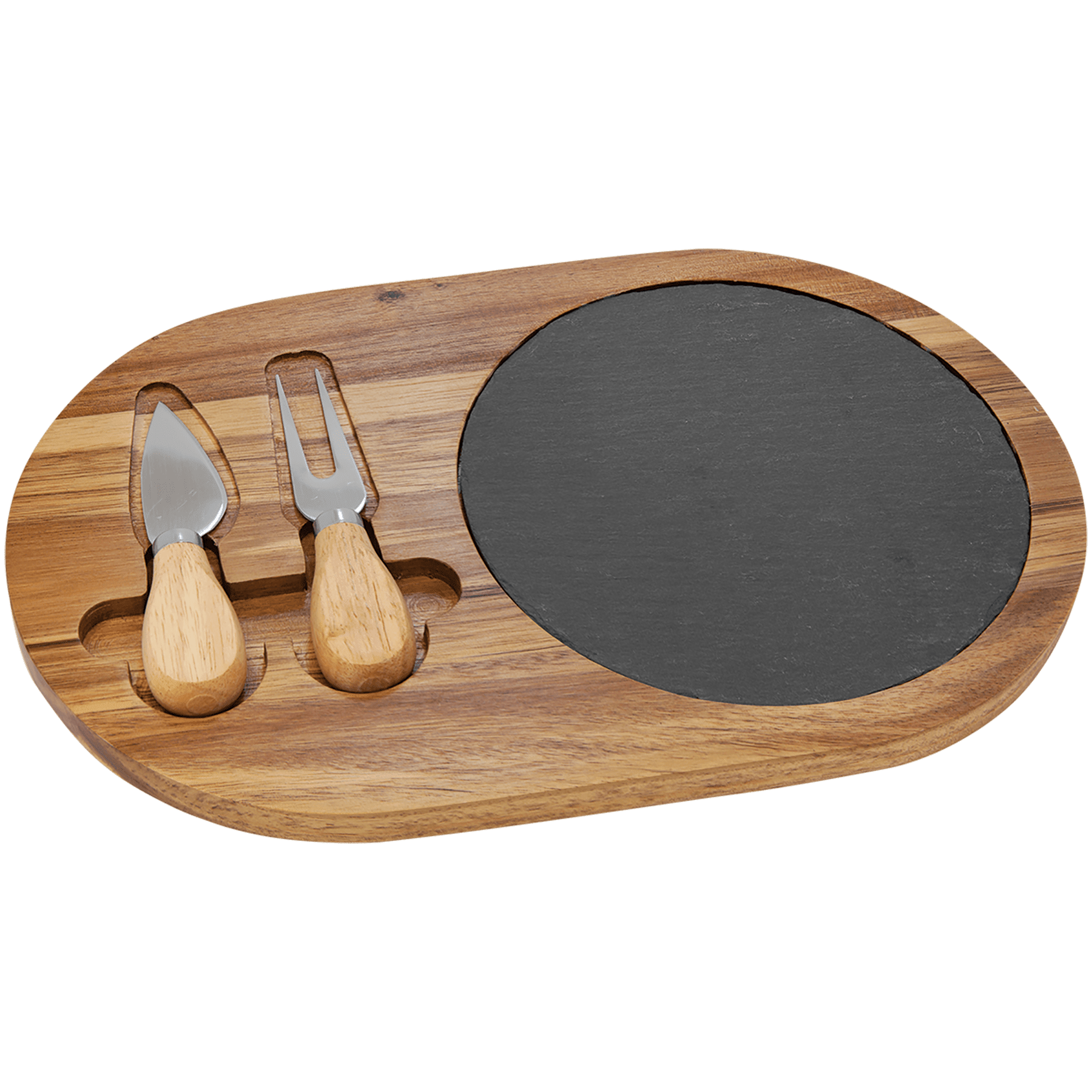 Acacia Wood & Slate Oval Cheese Set – 12 1/2" x 7 3/4" with Two Tools
