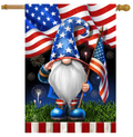 Decorative flag with a gnome holding an American flag and fireworks in the background