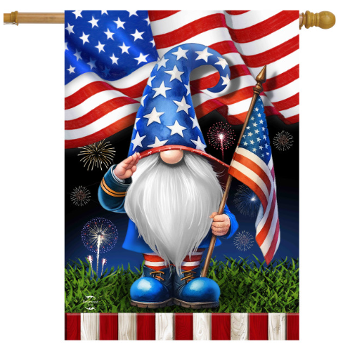 Decorative flag with a gnome holding an American flag and fireworks in the background