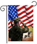 Decorative flag with a soldier saluting an American flag and an eagle.