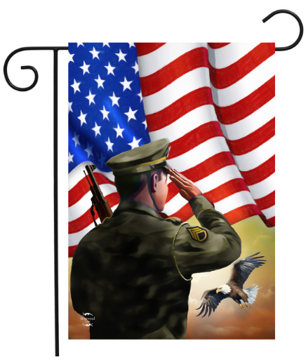 Decorative flag with a soldier saluting an American flag and an eagle.