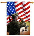 Decorative flag with a soldier saluting an American flag and an eagle.