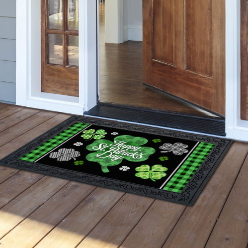 Scattered Shamrocks Happy St. Patrick’s Day Doormat Insert (Black + Green Buffalo Plaid)