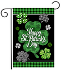 Scattered Shamrocks Happy St. Patrick’s Day Garden Flag (Black & Green Buffalo Plaid)