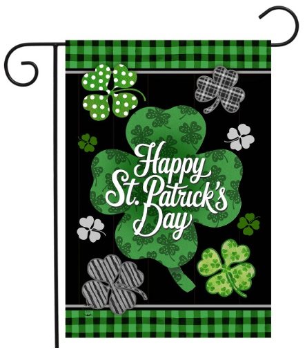 Scattered Shamrocks Happy St. Patrick’s Day Garden Flag (Black & Green Buffalo Plaid)