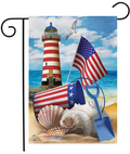 Decorative flag with a lighthouse, American flag, sand bucket, shovel, and shells on a beach background.