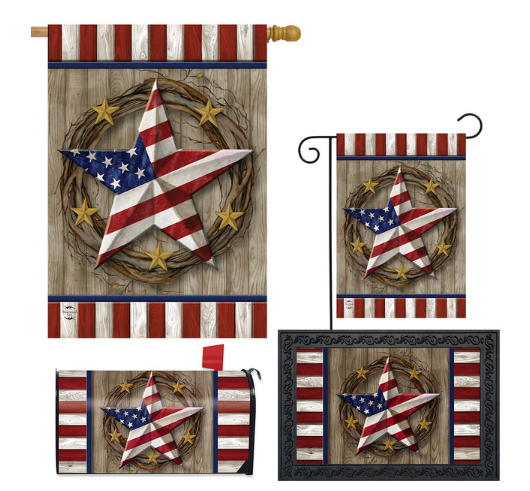 Set of patriotic-themed flags with stars and stripes on a wooden background.