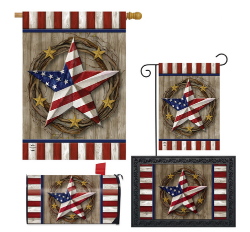 Set of patriotic-themed flags with stars and stripes on a wooden background.