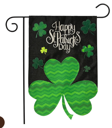 Shamrock Burlap Happy St. Patrick’s Day Garden Flag (Black Background + Green Clover)