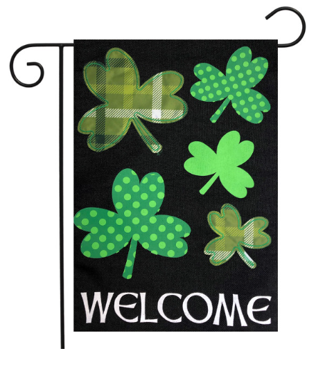 Shamrocks Burlap “Welcome” Garden Flag (Black Background + Green Clovers)