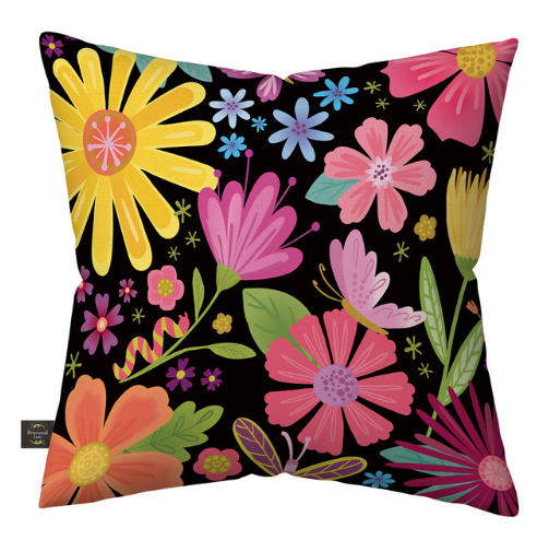 Floral-patterned pillow with colorful flowers on a black background