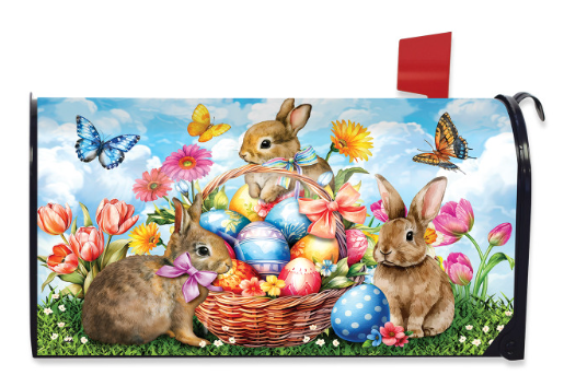 Easter-themed mailbox cover with bunnies, eggs, and flowers on a blue sky background.