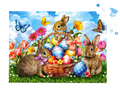 Easter scene with bunnies, eggs, and flowers on a colorful background
