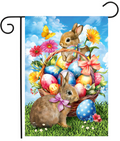 Decorative flag with Easter theme featuring bunnies, eggs, and flowers.