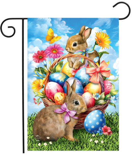 Decorative flag with Easter theme featuring bunnies, eggs, and flowers.