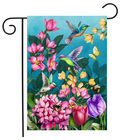 Decorative garden flag with colorful flowers and hummingbirds on a blue background