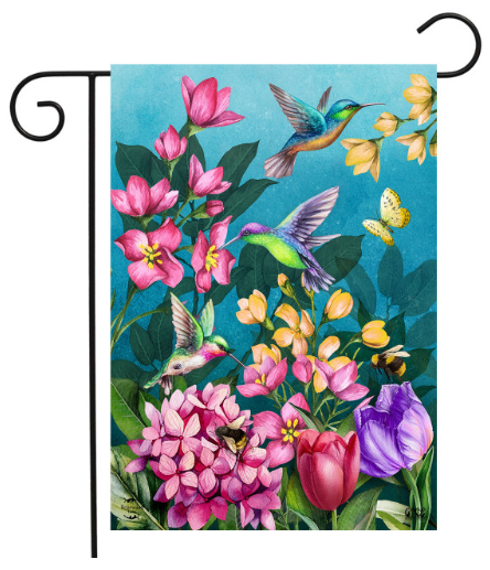 Decorative garden flag with colorful flowers and hummingbirds on a blue background