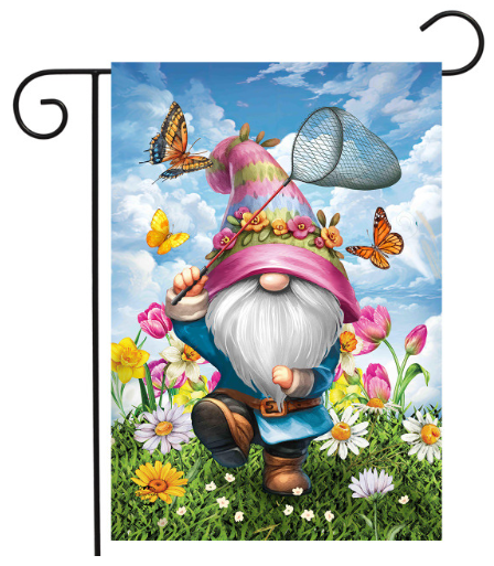 Gnome garden flag with butterflies and flowers on a blue sky background