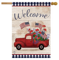 Decorative flag with a red truck, American flags, and flowers on a wooden background with 'Welcome' text.
