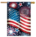 American flag with fireworks and stars on a white background