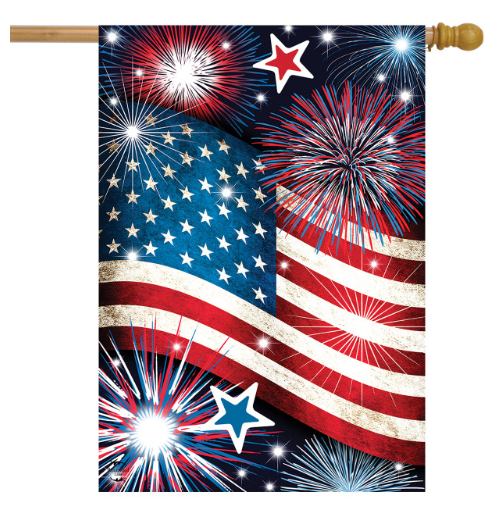 American flag with fireworks and stars on a white background