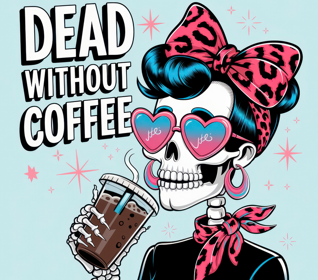 Dead Without Coffee Stainless Steel Tumbler – Retro Skull Art