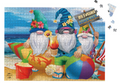 Jigsaw puzzle with beach-themed gnomes on a white background
