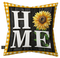 Decorative pillow with sunflower and 'HOME' text on a wooden background