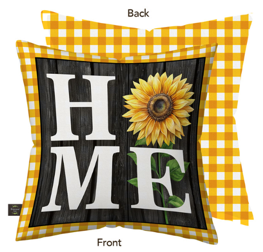 Decorative pillow with sunflower and 'HOME' text on a yellow and white checkered background