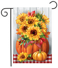 Sunflowers in Pumpkin garden flag featuring a pumpkin filled with sunflowers, displayed as fall outdoor porch and yard decor.