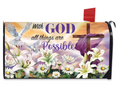 Mailbox cover with flowers, cross, and dove design with 'With God all things are possible' text.