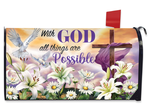 Mailbox cover with flowers, cross, and dove design with 'With God all things are possible' text.