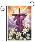Decorative flag with a cross, doves, and flowers against a colorful sky.