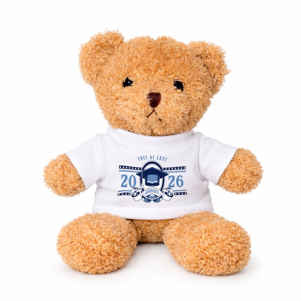 Brown teddy bear wearing a white t-shirt with graduation design on a white background