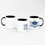 Three graduation-themed mugs with blue designs on a white background