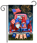 Decorative flag with gnomes in a truck, American flags, and fireworks on a dark blue background.