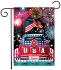 Decorative flag with a red truck, American flag, and fireworks on a black background