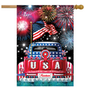 Decorative flag with a red, white, and blue truck, American flag, and fireworks.