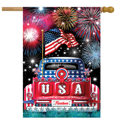 Decorative flag with a red, white, and blue truck, American flag, and fireworks.