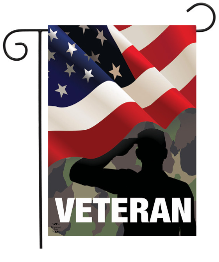 Flag with American flag and silhouette of a veteran saluting, featuring the word 'VETERAN'.